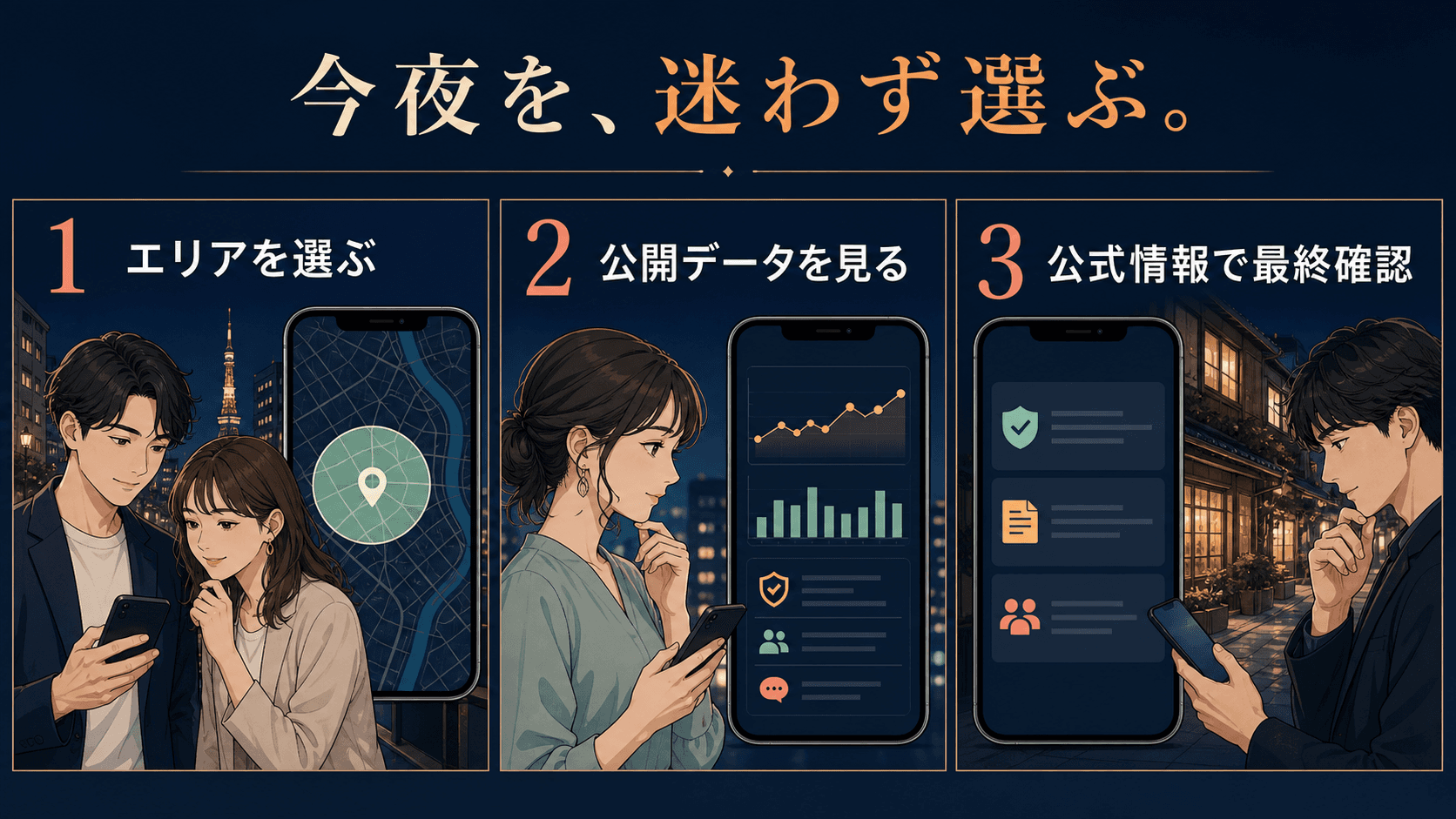 エリアを選び、公開データを見て、最後に公式情報を確認する3ステップ