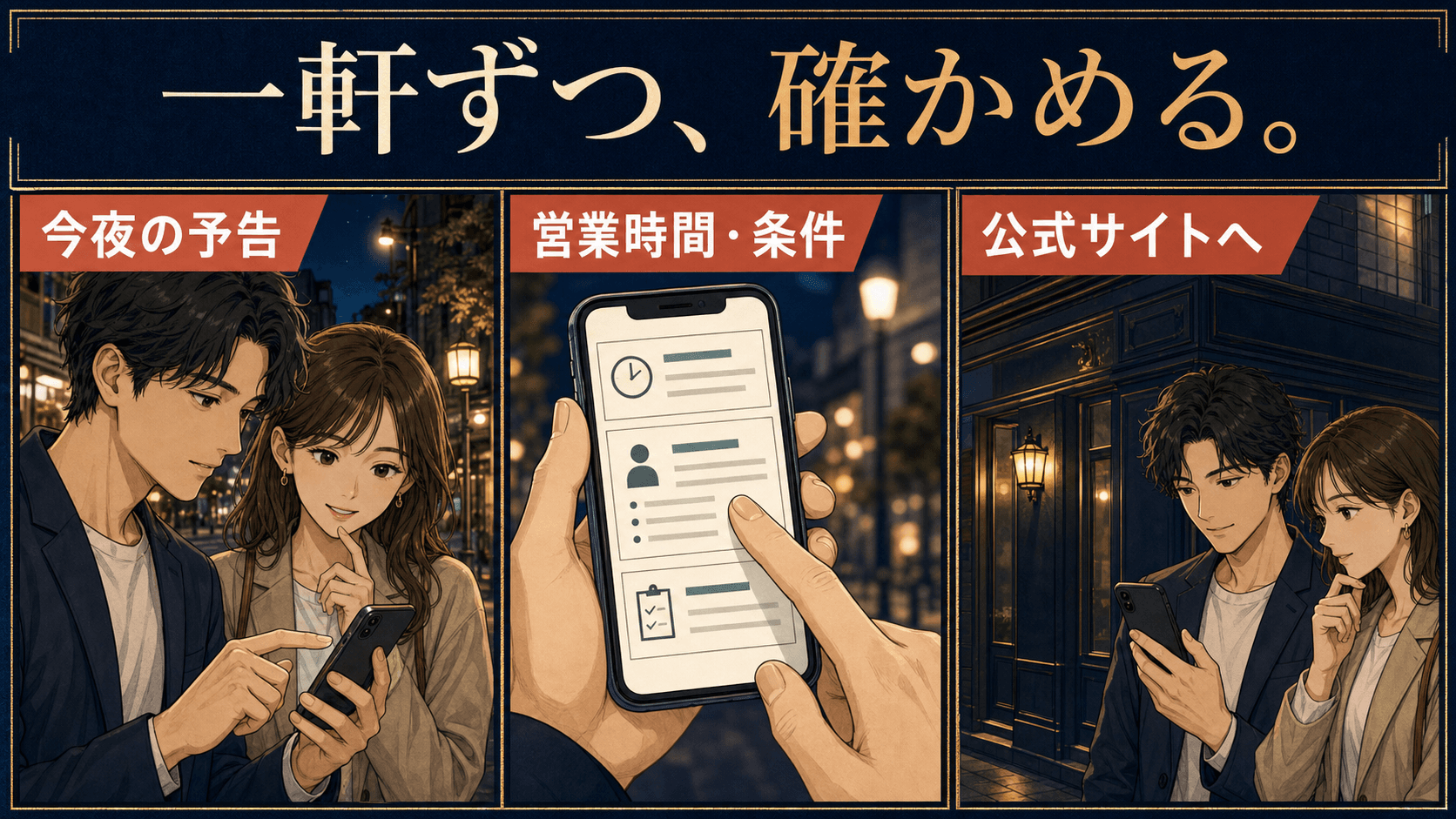 今夜の予告、営業時間と入店条件、公式サイトを一軒ずつ確認する流れ